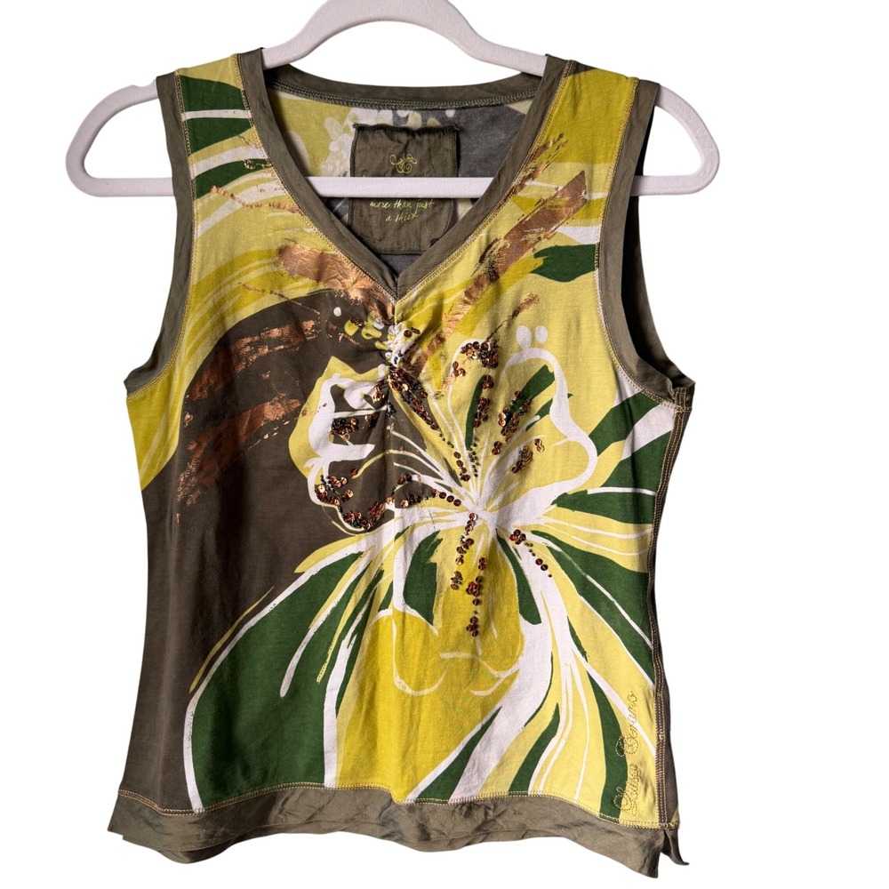 Louisa Cerano Abstract Floral Print Sleeveless Top Green Yellow Sequin SZ SMALL